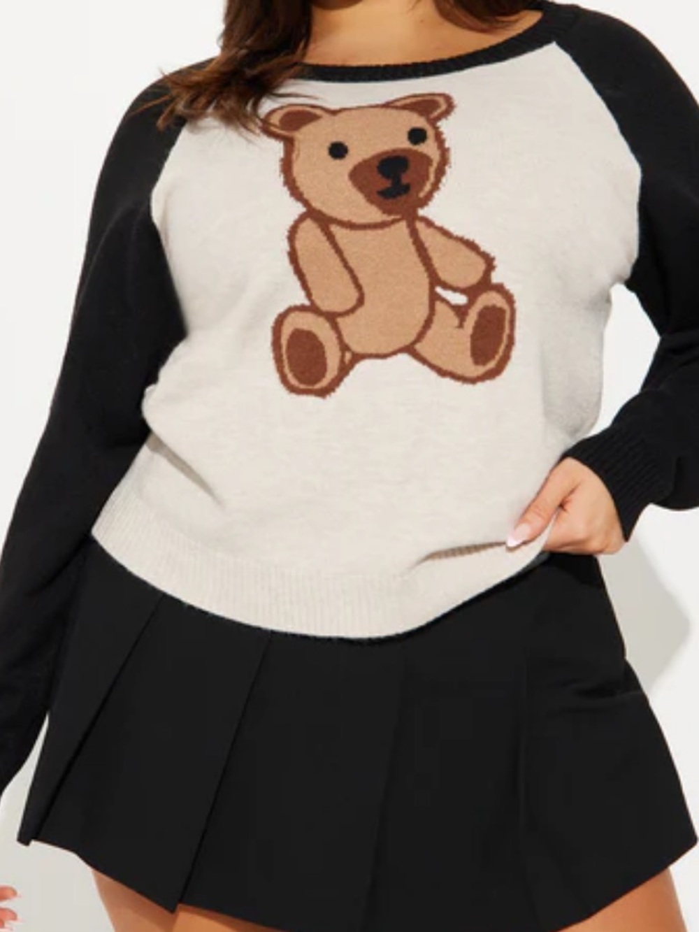 Cute Teddy Graphic Raglan Sweater - Black & Cream